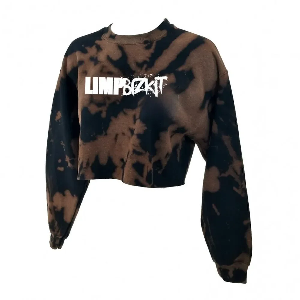 LIMP BIZKIT Rock Band Acid Wash Cropped Crop Top Long Sleeve Crewneck Sweatshirt - Picture 3 of 5